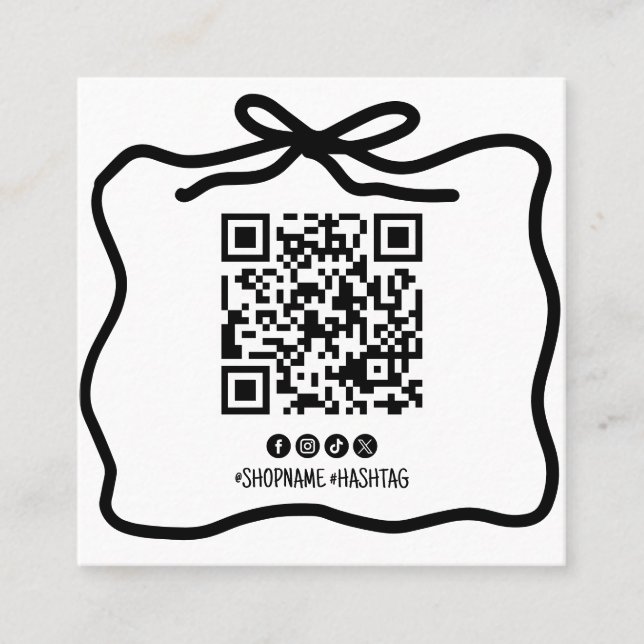 Simple Doodle Bow Ribbon social Media QR Code Square Business Card (Front)