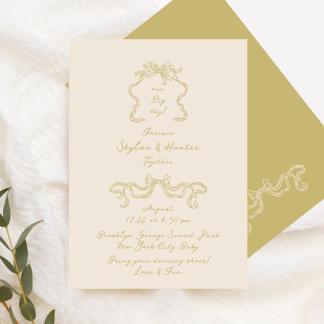 Simple Doodle Handwritten Bow Cream Moss Wedding Invitation (Creator Uploaded)