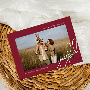 Simple Dots Burgundy Joyful Script Elegant Photo Holiday Card