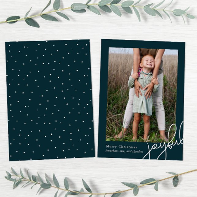 Simple Dots Teal Joyful Script Elegant Photo Holiday Card (Creator Uploaded)