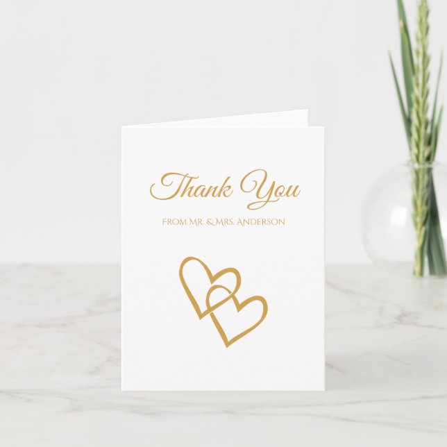 Simple Double Heart Gold Wedding Thank You Card (Front)