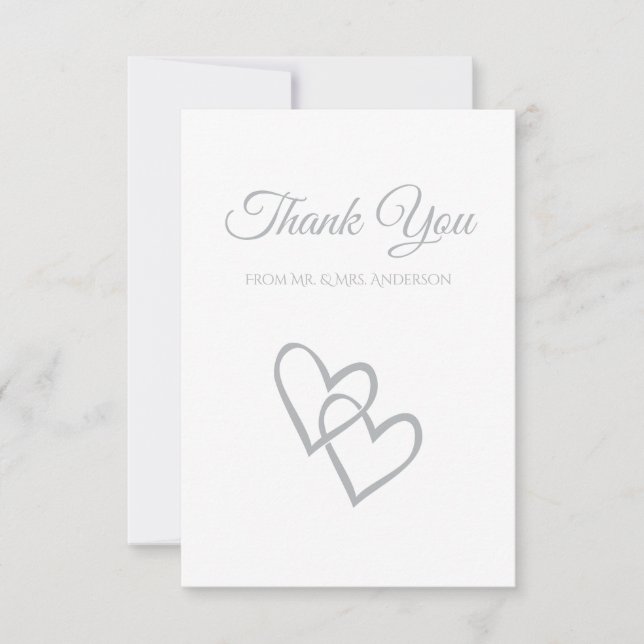 Simple Double Heart Grey Wedding Thank You Invitation (Front)