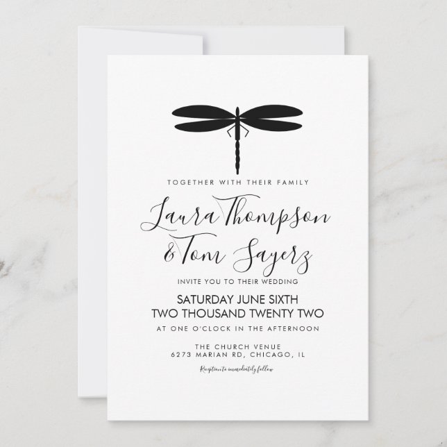 Simple Dragonfly Wedding Logo Black White Invitation (Front)