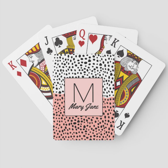 Simple Drawn Polka Dots on Peach White Monogram Playing Cards (Back)