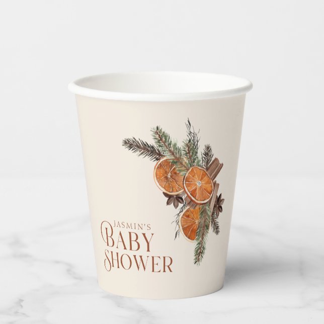 Simple Dried Orange Slices & Cinnamon Baby Shower Paper Cups (Front)