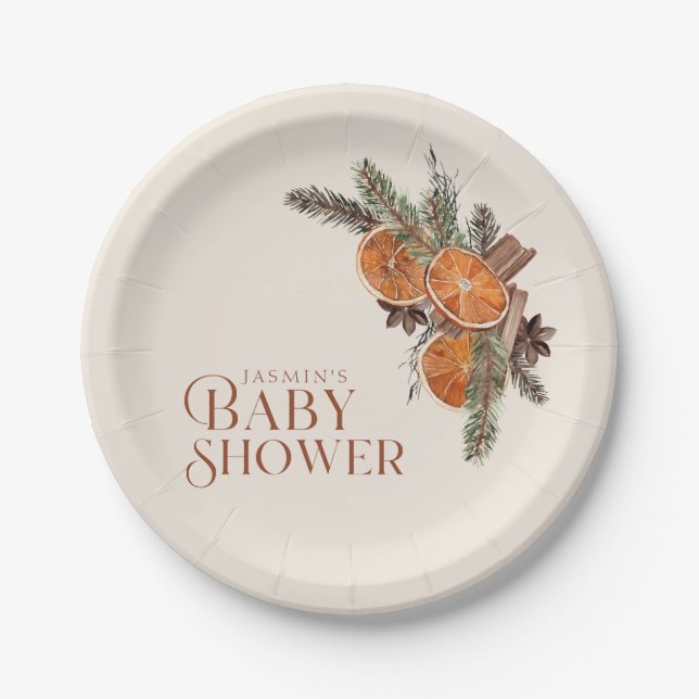 Simple Dried Orange Slices & Cinnamon Baby Shower Paper Plate (Front)