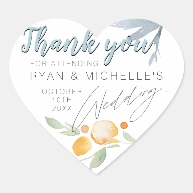 Simple Dusty Blue and Peach Floral Wedding Favour  Heart Sticker (Front)