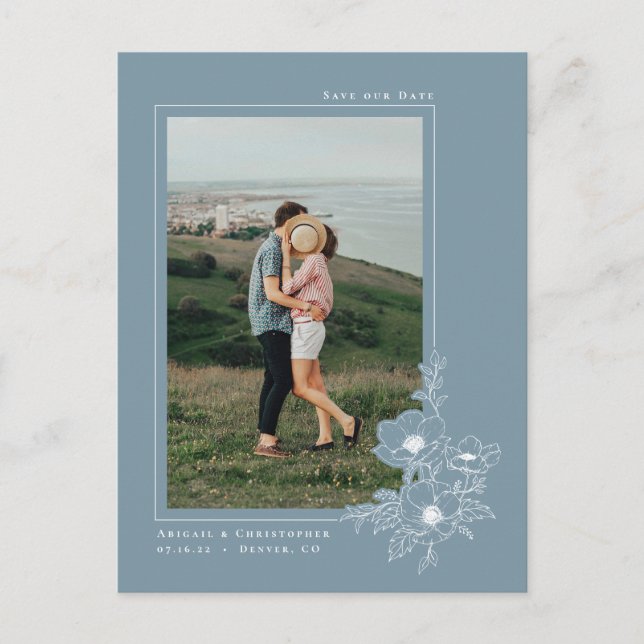 Simple Dusty Blue Anemone Art Floral Save the Date Announcement Postcard (Front)