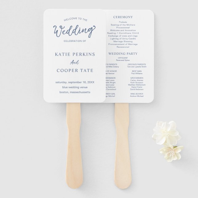 Simple Dusty Blue Bold Font Modern Wedding Program Hand Fan (Front and Back)