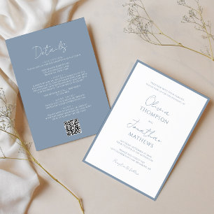 Simple Dusty Blue Border Script QR Code Wedding Invitation