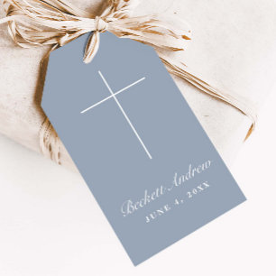 Simple Dusty Blue Cross Script Baptism Gift Tags