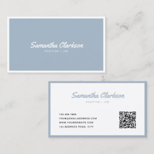 Simple Dusty Blue Cursive Script Border QR Code Business Card