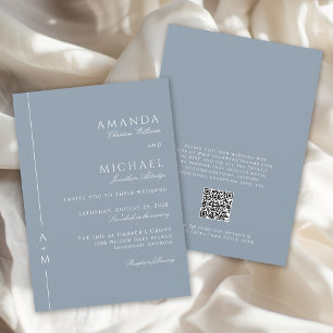 Simple Dusty Blue Elegant Monogram QR code Wedding Invitation