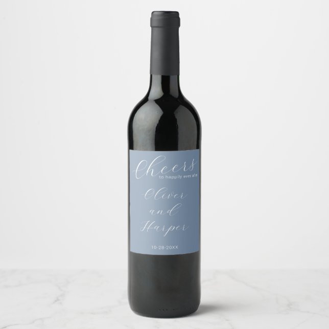Simple Dusty Blue Elegant Script Wedding Wine Label (Front)