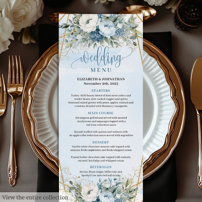 Simple Dusty Blue Floral Eucalyptus Wedding Menu (Simple Dusty Blue Floral Eucalyptus Wedding Menu)