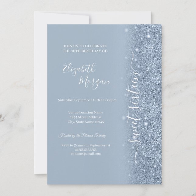 Simple Dusty Blue Glitter Sweet 16 Invitation (Front)