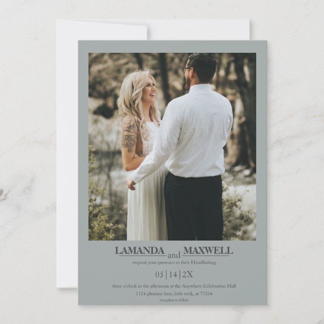 Simple Dusty Blue Grey Photo Frame Handfasting Inv Invitation (Front)