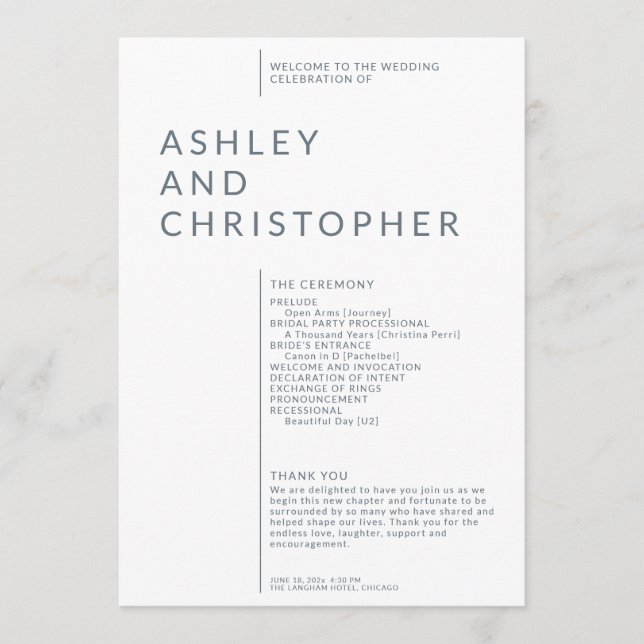 Simple Dusty Blue Isolated Names Wedding Ceremony Program (Front)