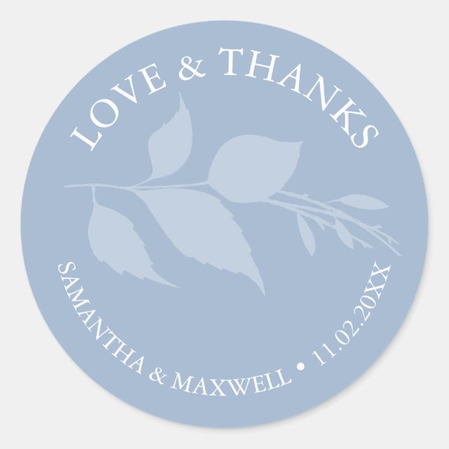 Simple Dusty Blue Leaves Thank You Wedding Classic Round Sticker (Front)