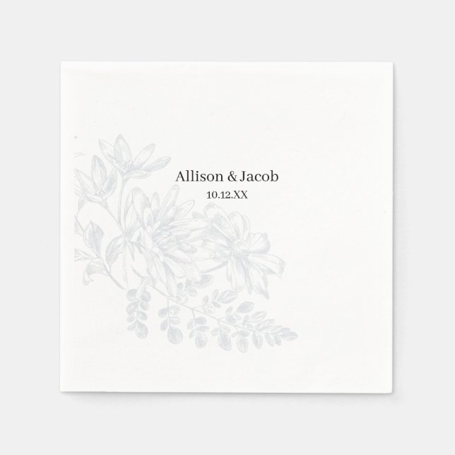 Simple Dusty Blue Line Drawing Wedding Napkins (Front)