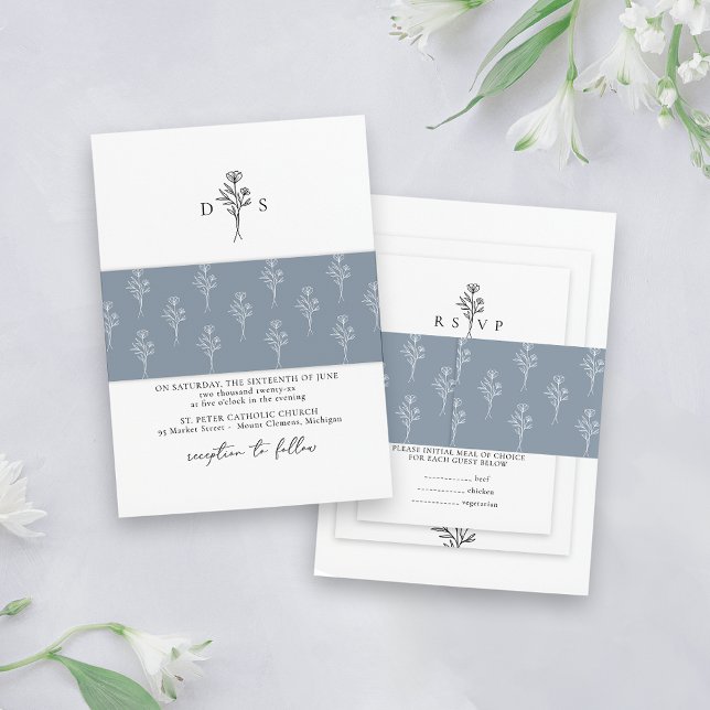 Simple Dusty Blue Minimal Floral Pattern Wedding Invitation Belly Band (Creator Uploaded)
