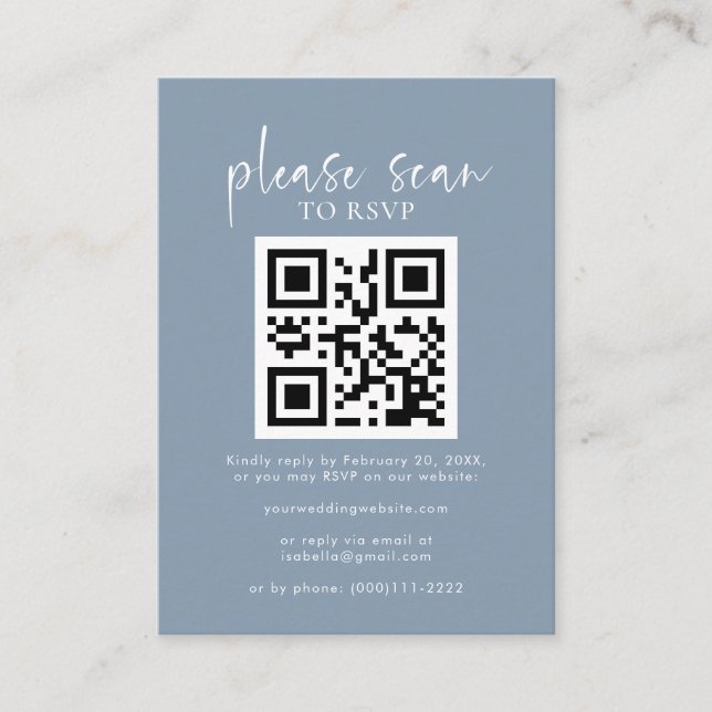 Simple Dusty Blue Minimalist QR Code Wedding RSVP Enclosure Card (Front)