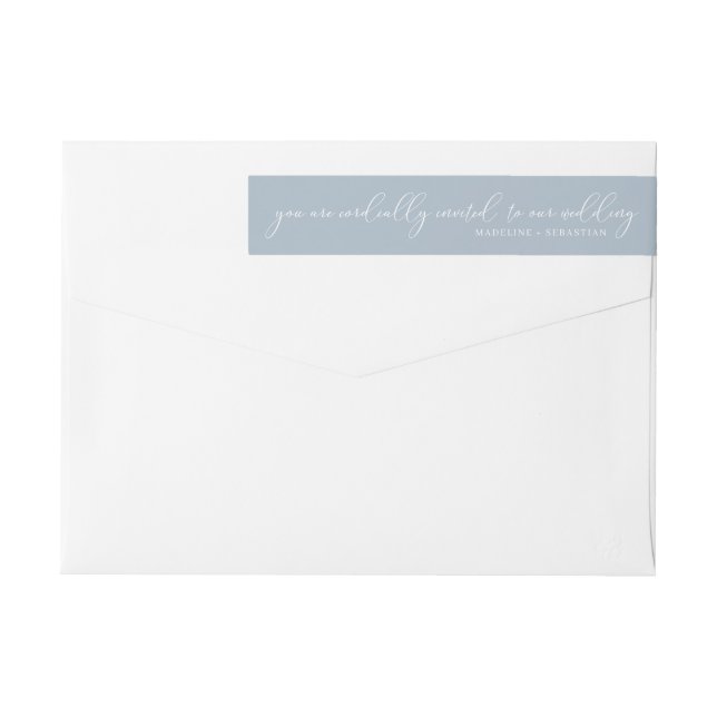 Simple Dusty Blue Modern Minimalist Wedding Script Wrap Around Label (Back)