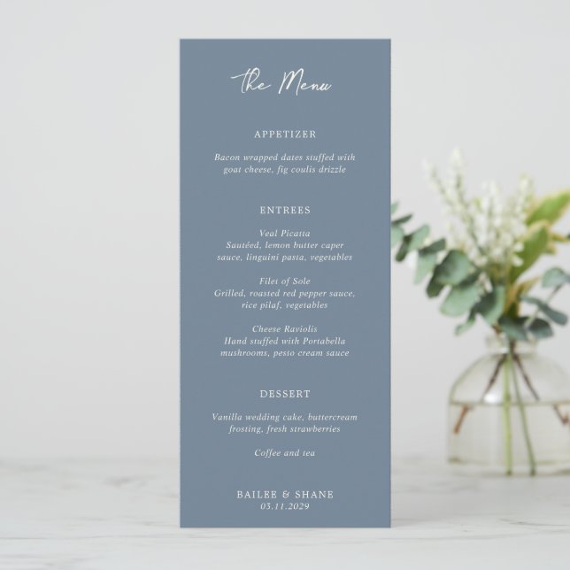 Simple Dusty Blue Modern Wedding Menu (Standing Front)