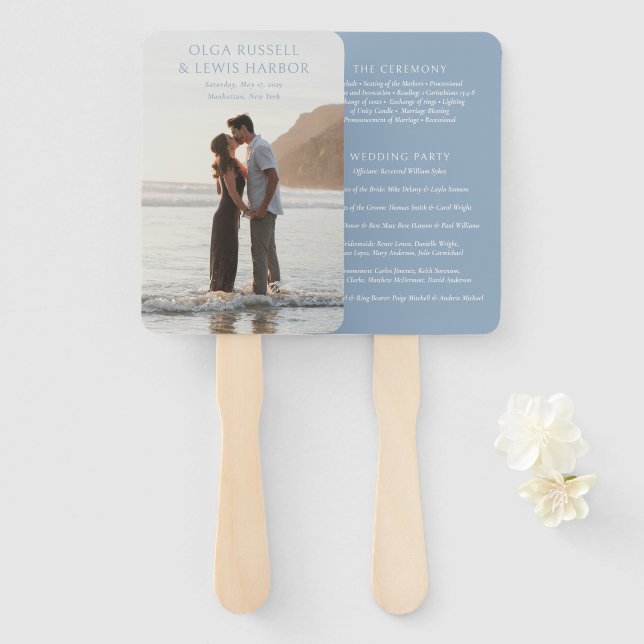 Simple Dusty Blue Modern Wedding Program Hand Fan (Front and Back)