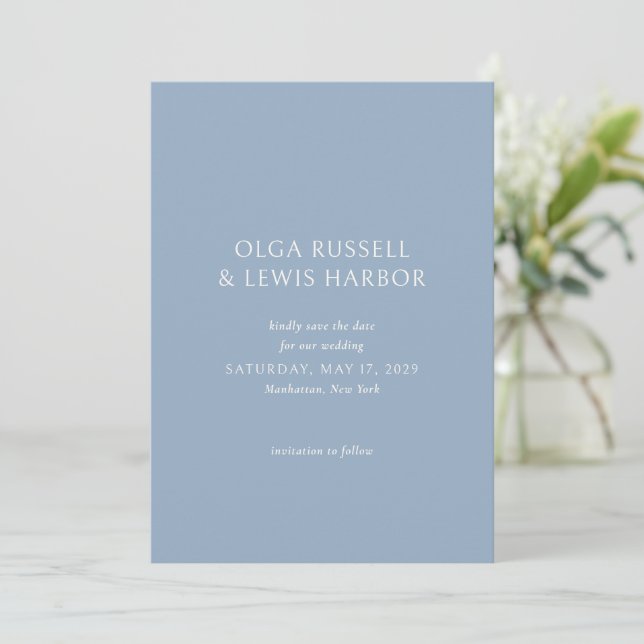 Simple Dusty Blue Modern Wedding Save The Date (Standing Front)