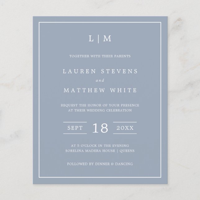 Simple Dusty Blue Monogram Budget Wedding Invite (Front)