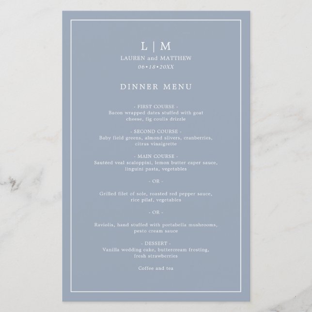 Simple Dusty Blue Monogram Élégant Menu de mariage (Devant)