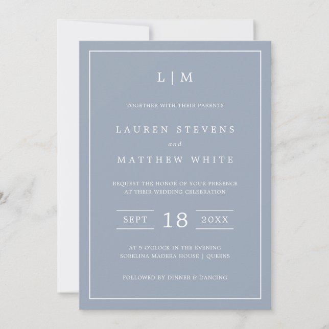 Simple Dusty Blue Monogram Elegant Wedding Invitation (Front)