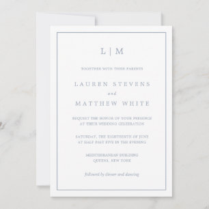 Simple Dusty Blue Monogram Elegant Wedding Invitation