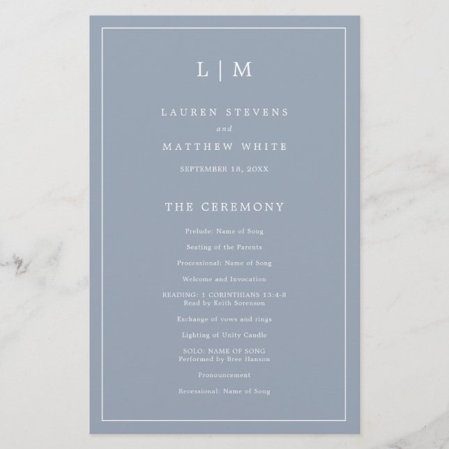 Simple Dusty Blue Monogram Elegant Wedding Program (Front)