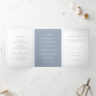 Simple Dusty Blue Monogram Elegant Wedding Tri-Fold Invitation