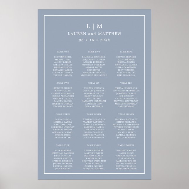Simple Dusty Blue Monogram Wedding Seating Chart (Front)
