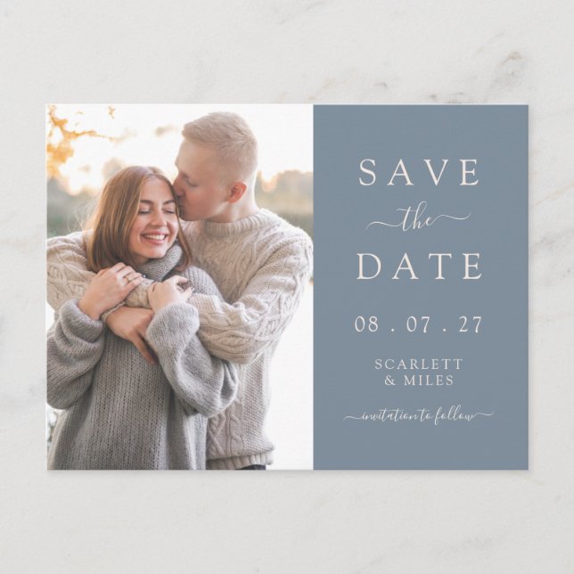 Simple Dusty Blue Photo Save The Date Wedding Announcement Postcard (Front)