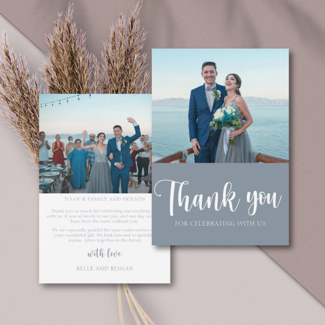 Simple Dusty Blue Photo Wedding Thank You Card (Creator Uploaded)