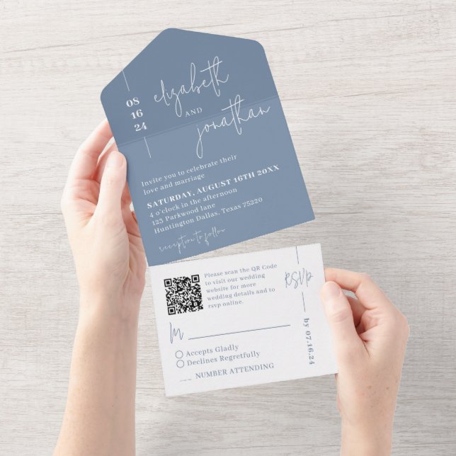 Simple Dusty Blue QR Code Classy Script Wedding All In One Invitation (Tearaway)