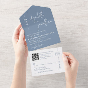 Simple Dusty Blue QR Code Classy Script Wedding All In One Invitation