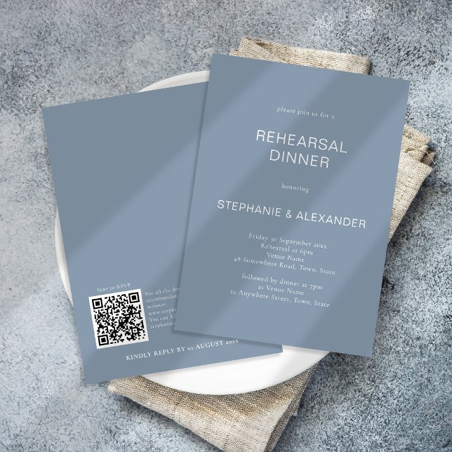 Simple Dusty Blue QR Code Rehearsal Dinner Invitation (Creator Uploaded)