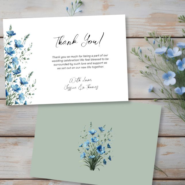 Simple Dusty Blue & Sage Boho Wildflowers Wedding Thank You Card (Front/Back)