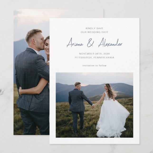 Simple Dusty Blue Script Photo Wedding Save The Date (Front/Back)