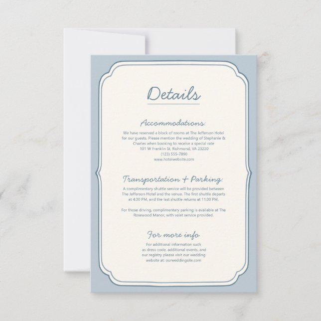 Simple Dusty Blue Stripe Wedding Details Card   (Front)