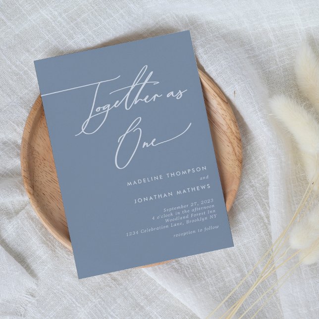 Simple Dusty Blue Together as One Script Wedding Invitation (Creator Uploaded)