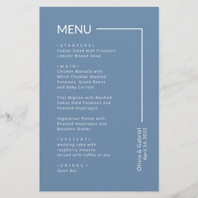 Simple Dusty blue Typography minimal wedding menu (Front)