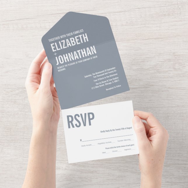 Simple Dusty Blue Typography Wedding All In One Invitation (Tearaway)