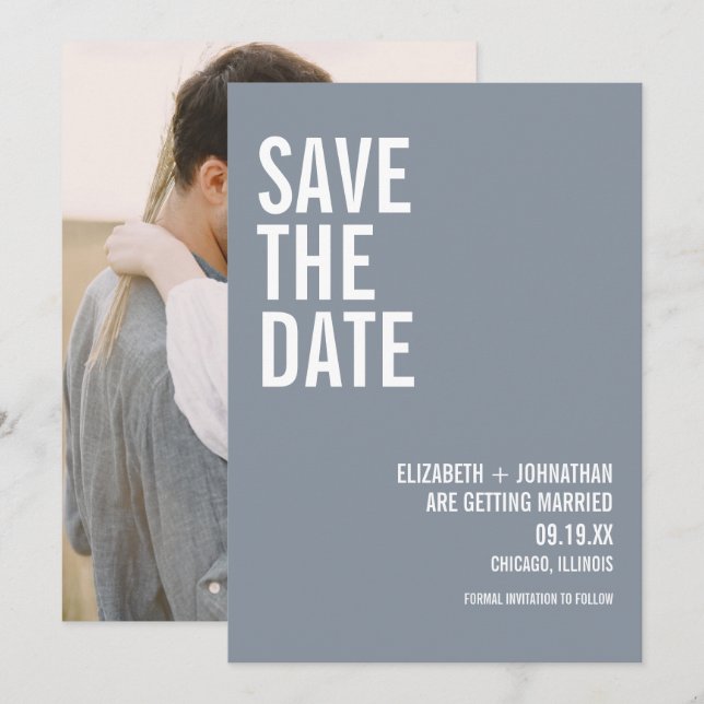 Simple Dusty Blue Typography Wedding Photo Save The Date (Front/Back)