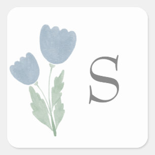 Simple Dusty Blue Watercolor Floral Monogram Square Sticker
